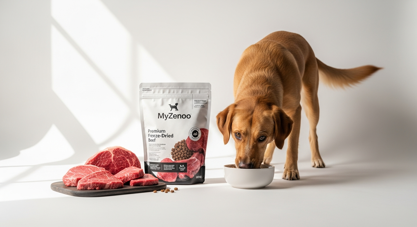 MyZenoo Freeze-Dried Raw Beef Dog Food package displayed with rehydrated meal
