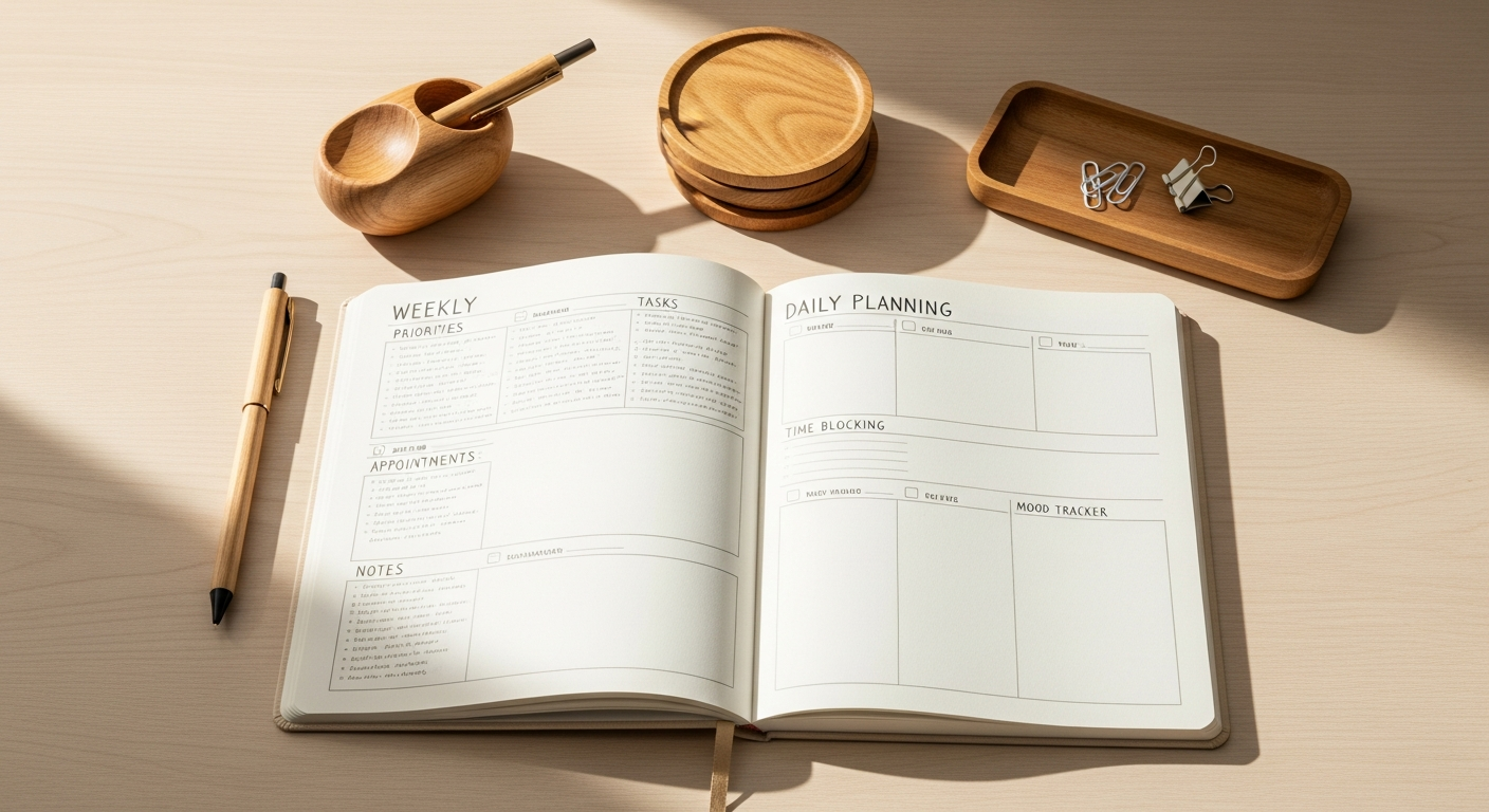 Maât Organizational Journal with recycled paper and vegetable leather cover displayed on wooden desk