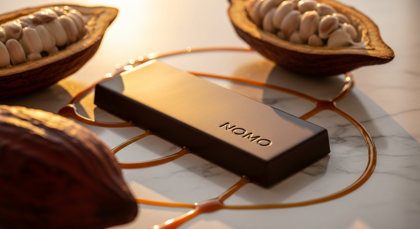 NOMO Vegan Caramel Filled Chocolate Bar with creamy caramel center displayed
