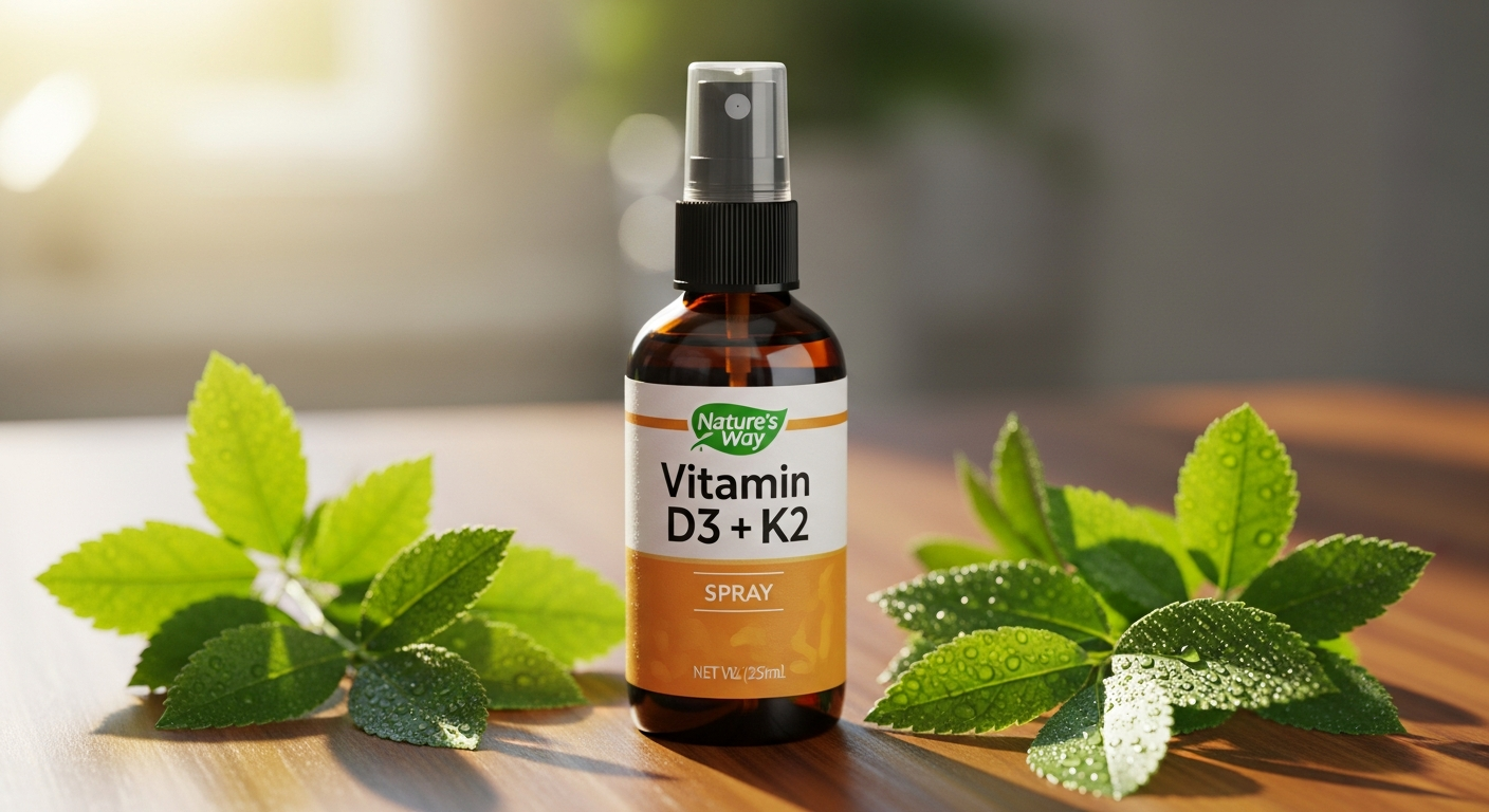 Nature's Way Vitamin D3/K2 orange spray bottle with dropper on white background