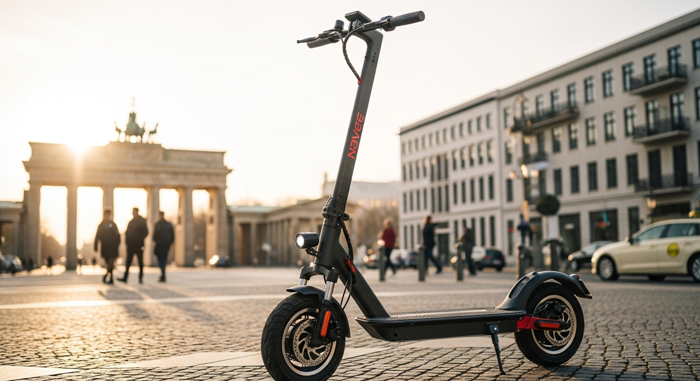 Navee ST3 Pro electric scooter on urban German street with quad suspension system visible