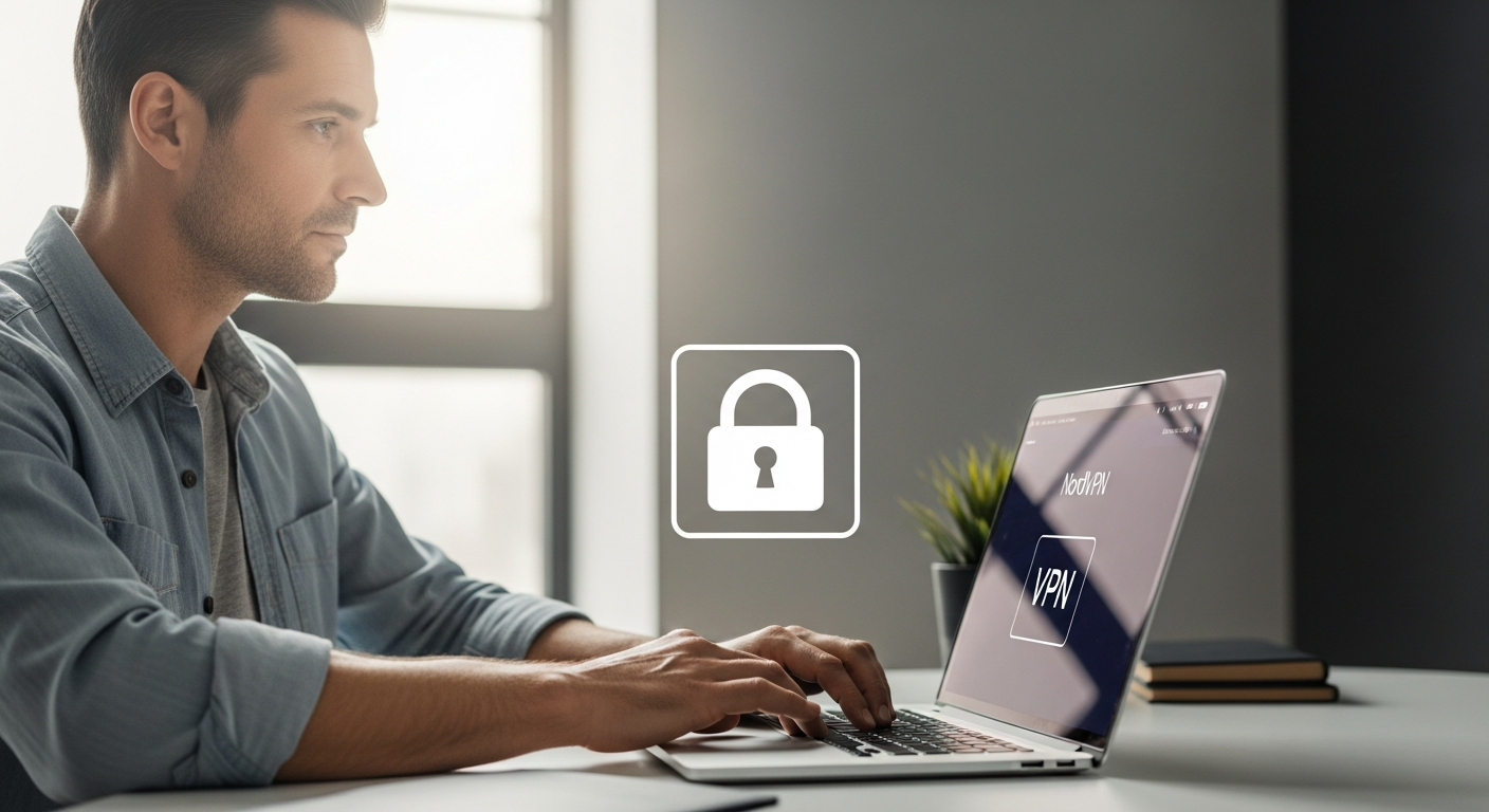 Digital fortress concept with NordVPN security layers protecting remote worker on laptop