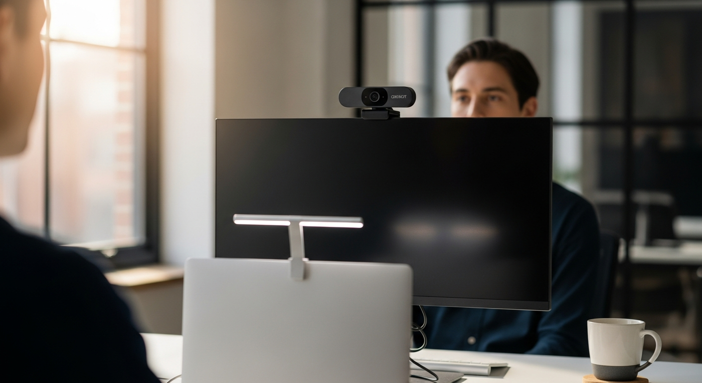 OBSBOT Tiny 2 AI 4K webcam with gimbal mounted on desk showing gesture control interface