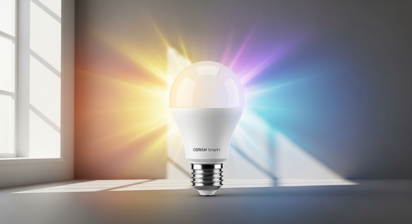 OSRAM Smart+ E27 RGBW LED bulb with color-changing capabilities displayed in modern home lighting fixture