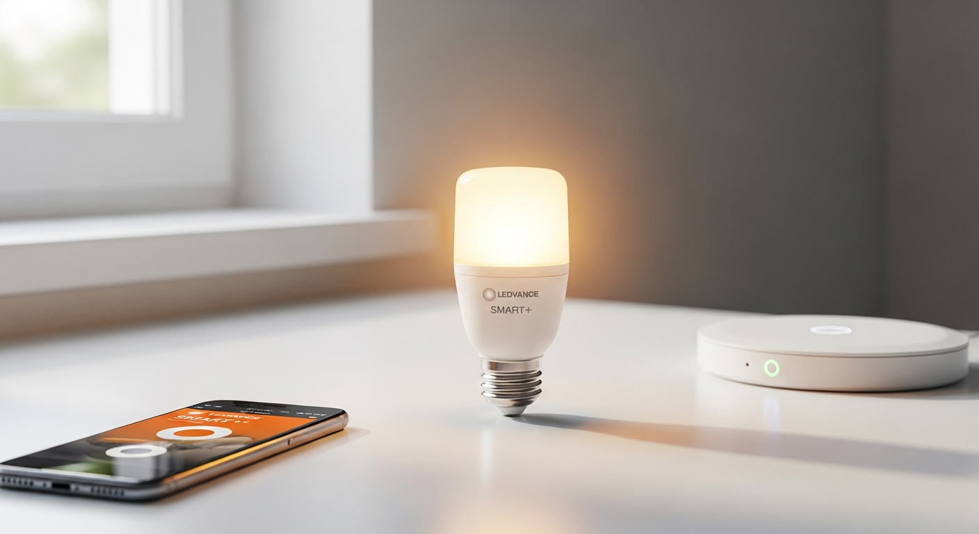 LEDVANCE SMART+ WiFi Dimmable E27 smart bulb glowing in modern home lamp fixture