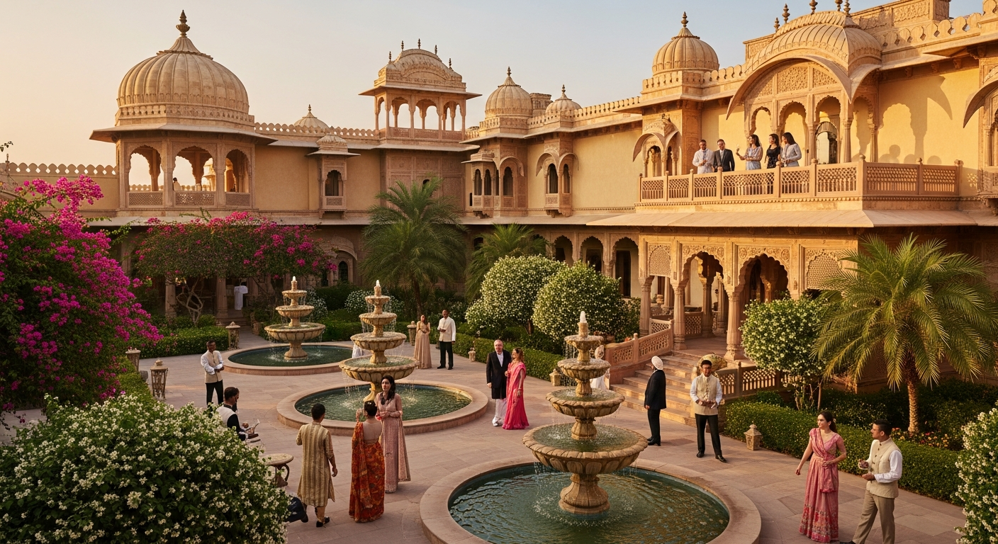 The Oberoi Rajvilas Jaipur luxury resort with fort-inspired architecture and manicured gardens