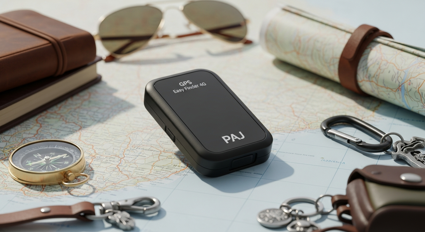 PAJ GPS Easy Finder 4G Tracker device displayed with global map and connectivity indicators