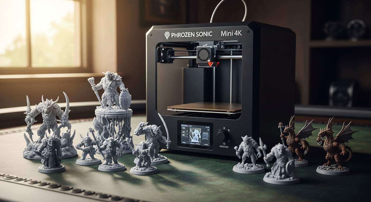 Phrozen Sonic Mini 4K resin 3D printer with detailed gaming miniatures displayed