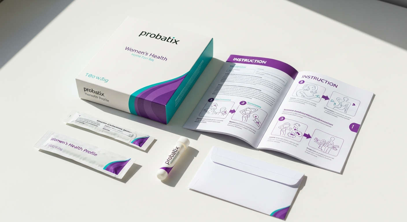 Woman holding Probatix Women's Health Profile home test kit with finger prick sample collection materials