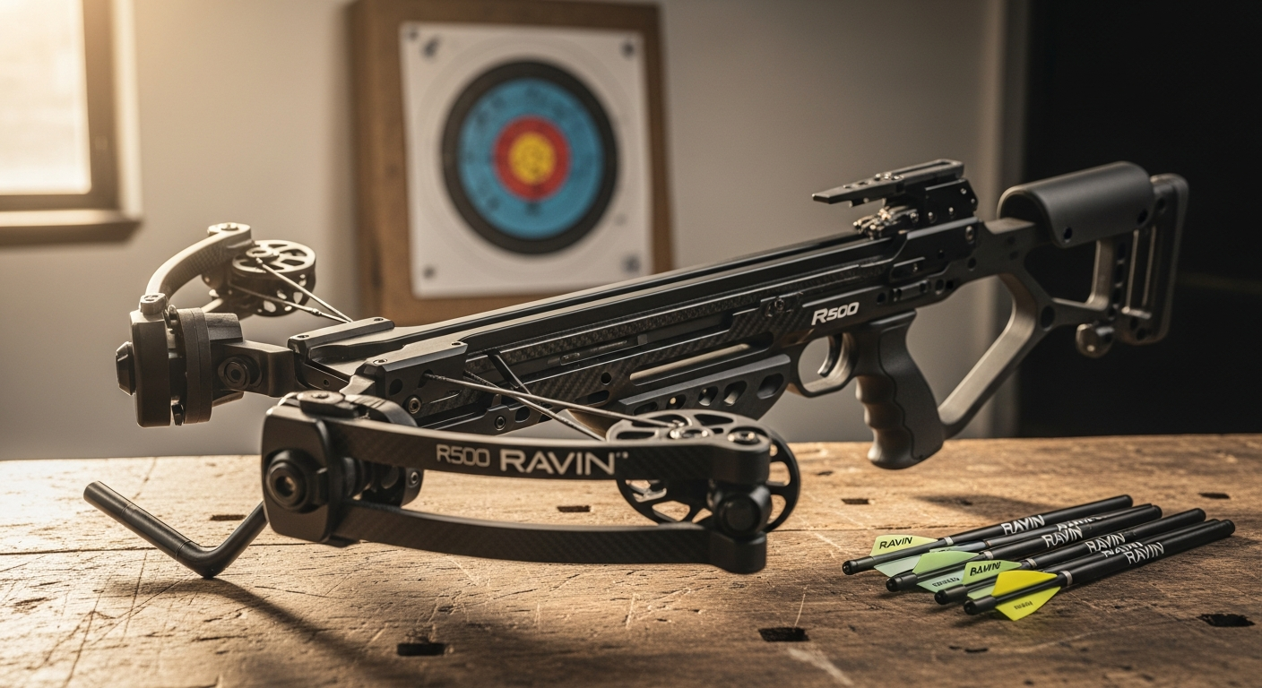 Ravin R500 crossbow with HexCoil Technology displayed against hunting background