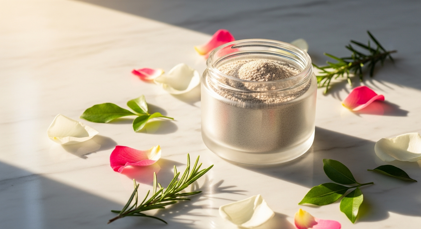 Raw Beauty Lab Vegan Collagen Luxe Powder supplement in glass with plant ingredients