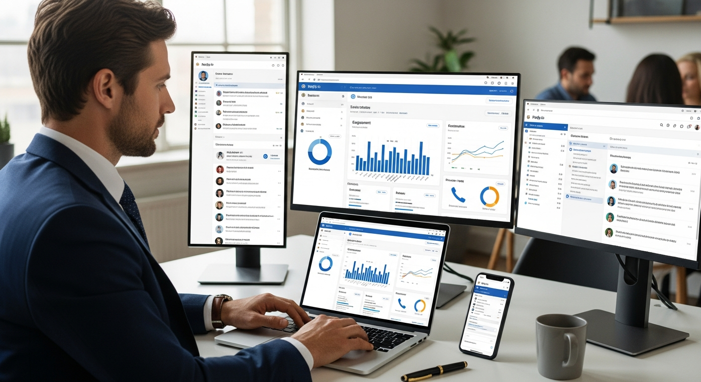 Reply.io multichannel sales engagement platform dashboard showing email, LinkedIn, and SMS outreach automation