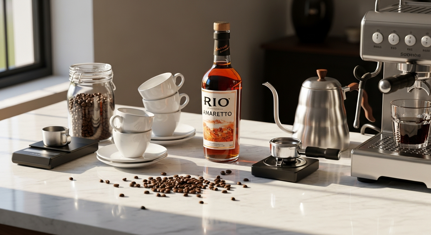 RIO Amaretto Barista Coffee Syrup bottle with espresso cup and latte art