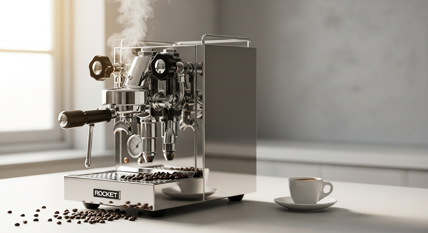 Rocket Appartamento TCA espresso machine with copper accents and stainless steel body