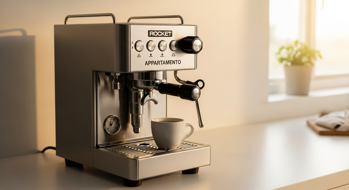 Compact Rocket Appartamento espresso machine with polished stainless steel body on kitchen counter