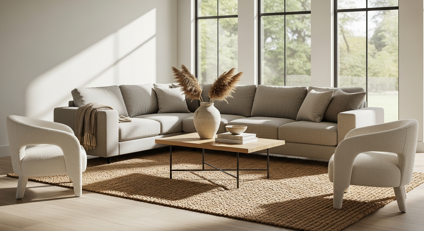 Handwoven jute-blend rug in natural neutral tone displayed in modern living room