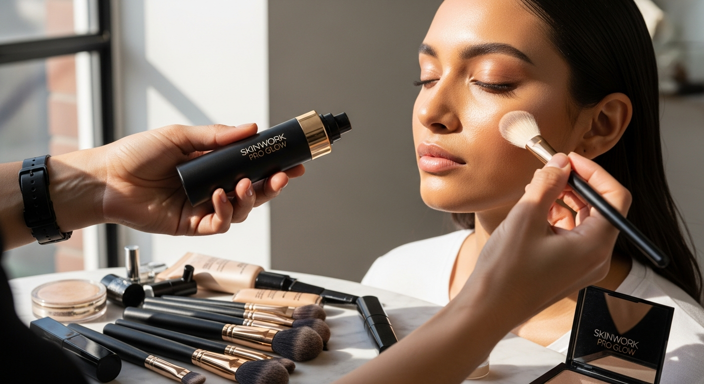 Professional makeup artist applying SKINWORK PRO. GLOW Hydrating Gel-Cream as makeup base layer