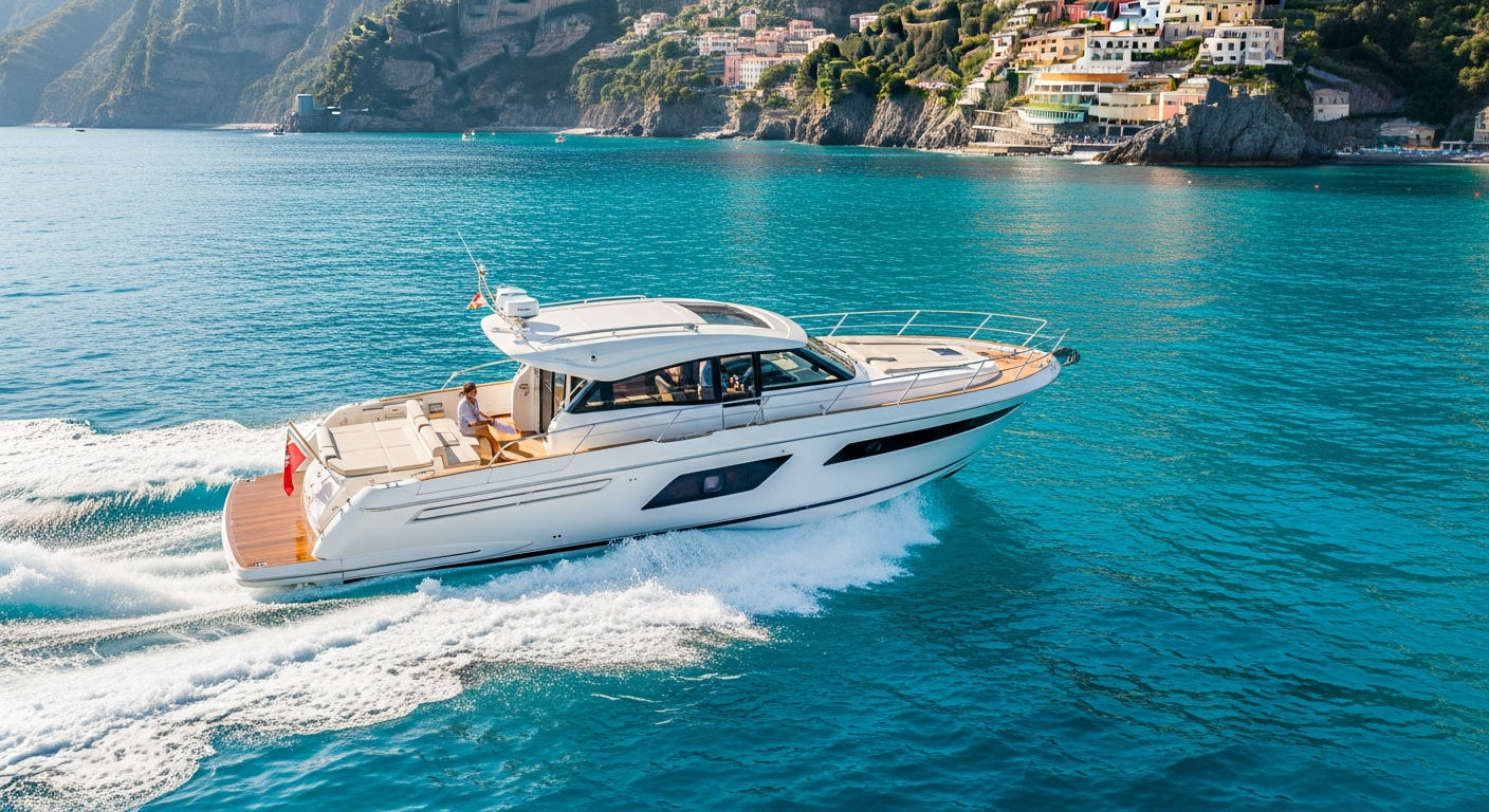 Family enjoying a sunny day on a small motorboat off the Italian coast