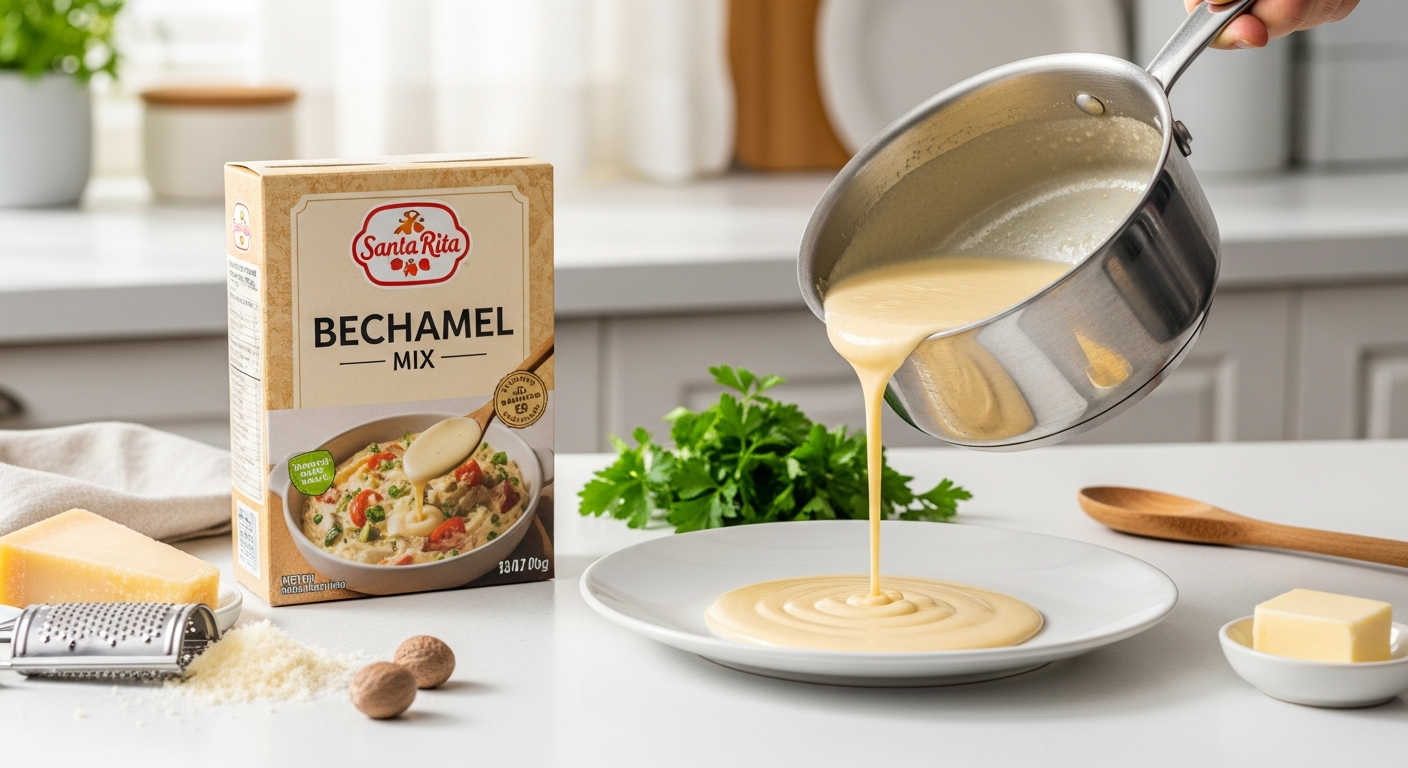 Santa Rita Instant Bechamel Mix package displayed with creamy sauce in professional kitchen setting