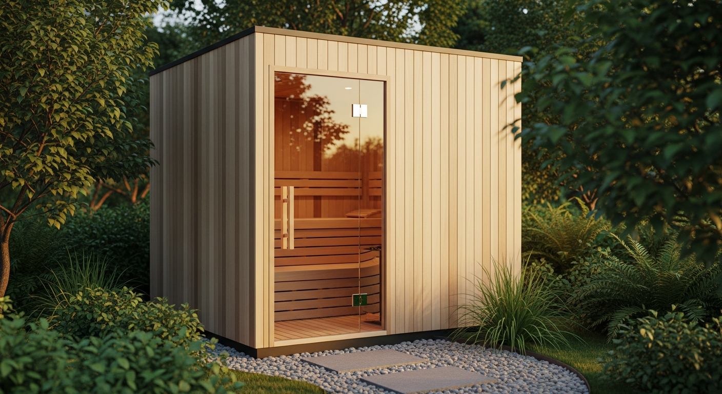 Modern glass-front Saunamo Cube 220 outdoor sauna in Nordic backyard setting