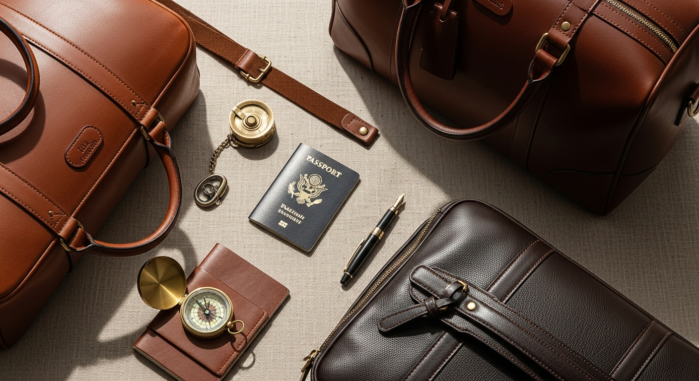 Premium designer leather travel bags displayed on luxury boutique shelf