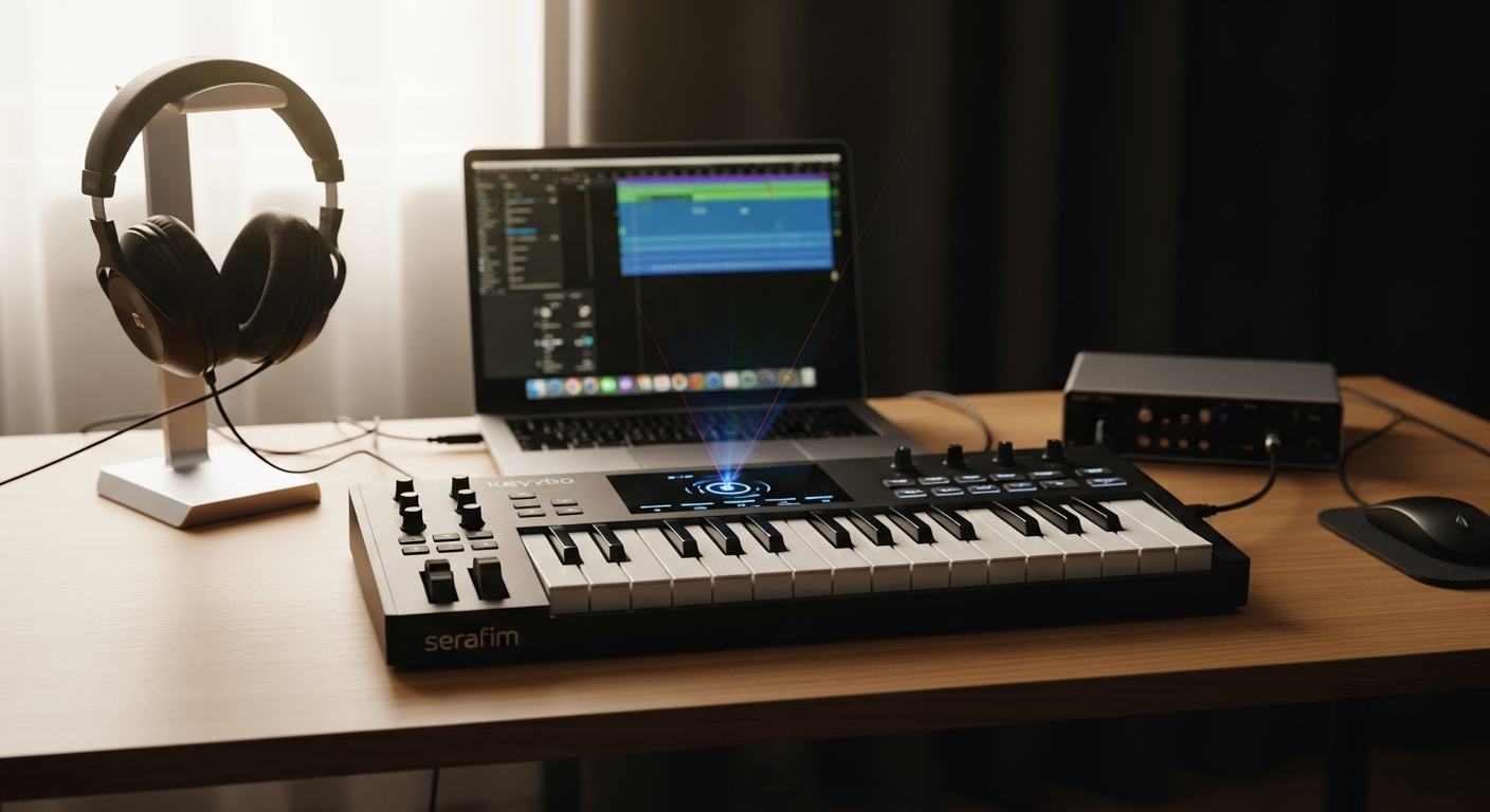 Serafim Keybo virtual laser projection keyboard displaying piano and music creation interface