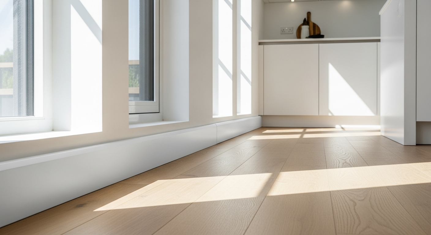 Modern moisture-resistant MDF skirting board with square edge grooved profile installed in contemporary home