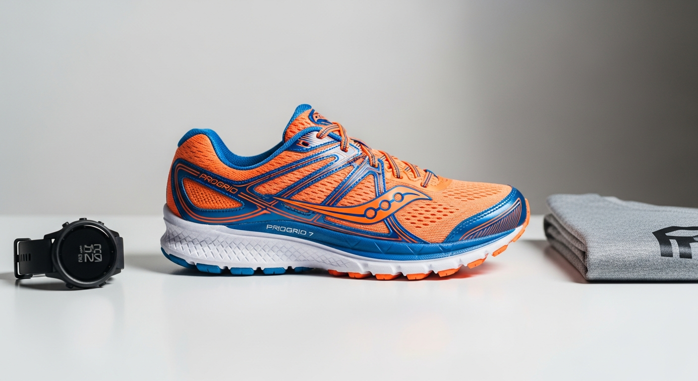 Saucony ProGrid Guide 7 running shoe displaying stability features and retro design
