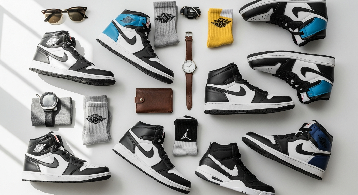 Iconic Jordan sneakers displayed on modern minimalist background showcasing premium colorways