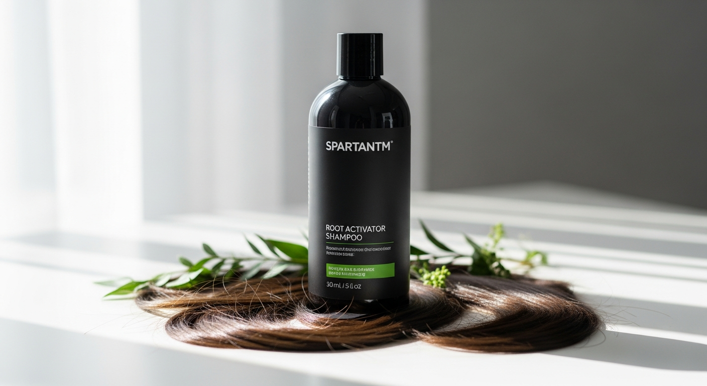 SPARTAN Root Activator Hair Growth Shampoo bottle with citrus-mint ingredients displayed