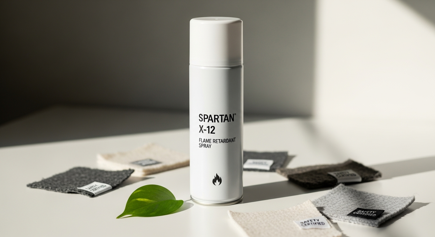 Spartan X-12 Flame Retardant Spray bottle with treated fabric samples