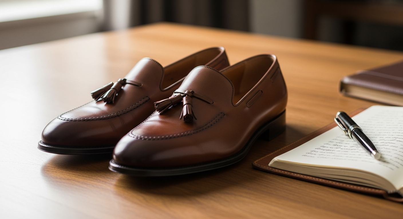 Spatarella Women's Brown Leather Tassel Loafers displayed on professional workspace background