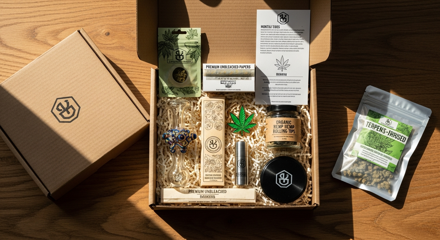 Premium glass bong and smoking accessories displayed in monthly subscription box