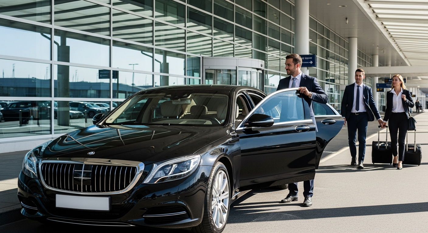 Professional driver greeting family at airport terminal with luggage assistance
