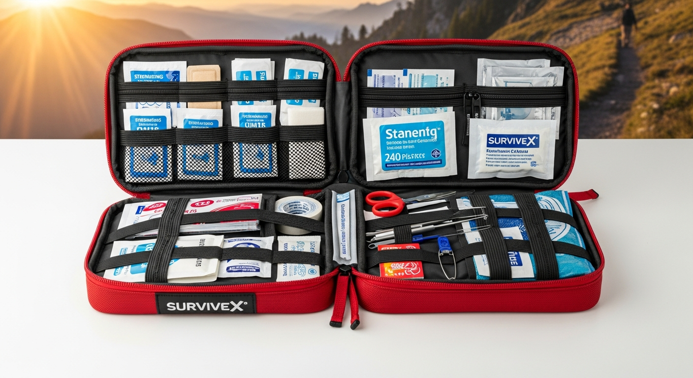 SurviveX Large First Aid Kit with 240 professional-grade supplies and MOLLE attachment system