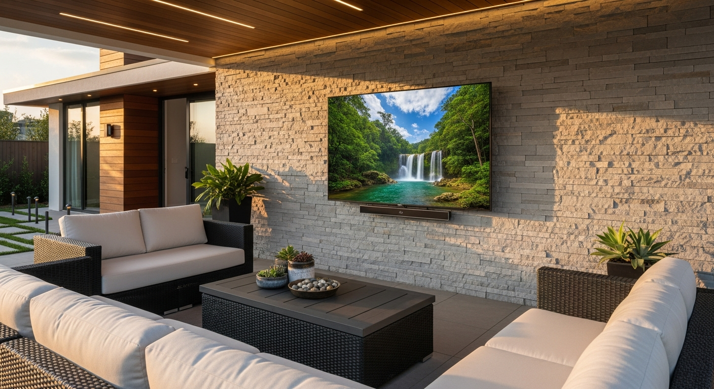 Sylvox 43-inch 4K outdoor smart TV mounted on garden patio with weatherproof design