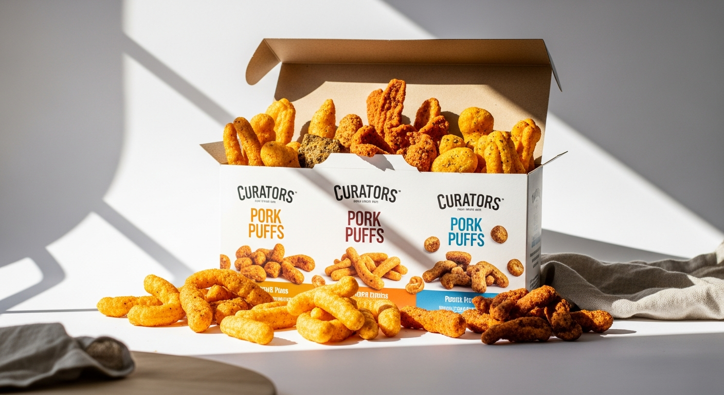 The Curators Pork Puffs Variety Box with four distinct flavor packs displayed