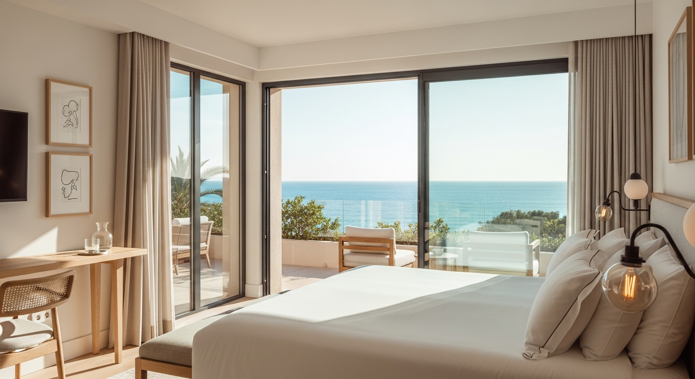 Luxurious modern hotel suite with surrealist design elements and Mediterranean views