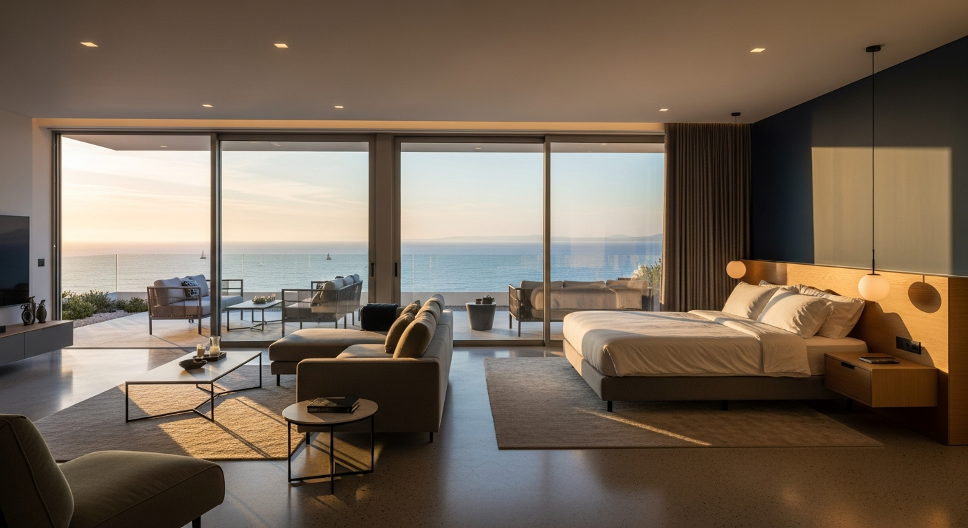 Luxurious Stargazer Suite bedroom with Mediterranean sea views and modern design