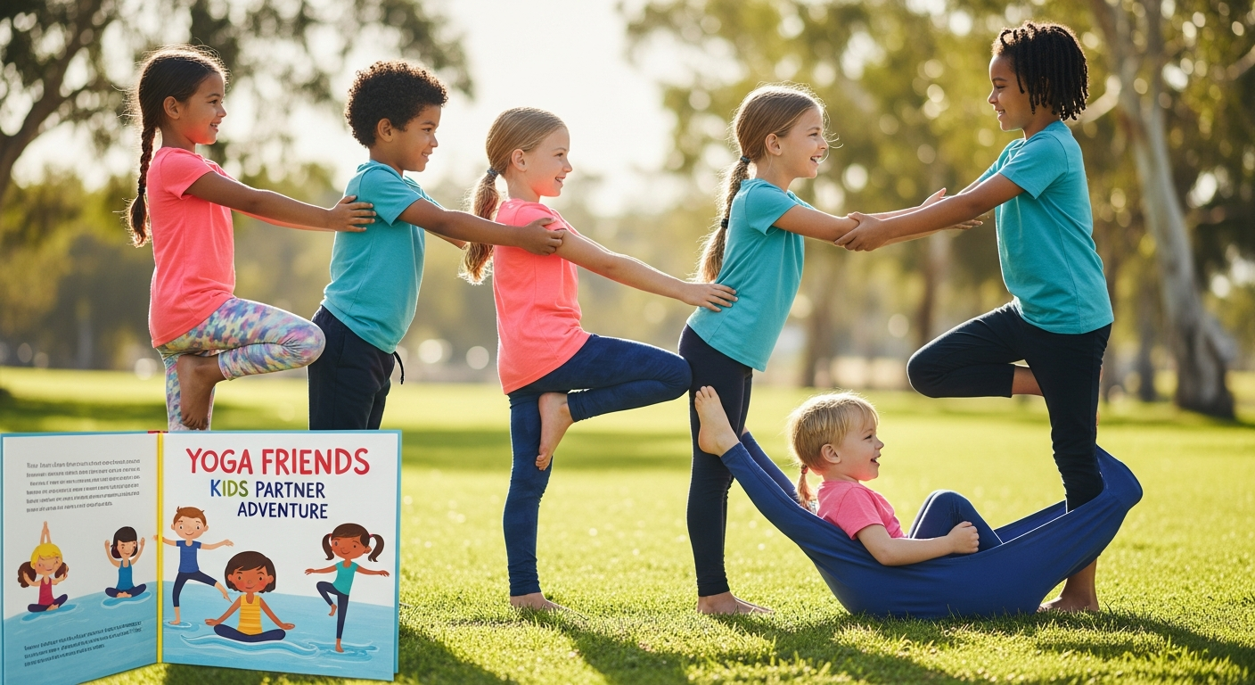 Children practicing partner yoga poses together in colorful illustrated adventure book