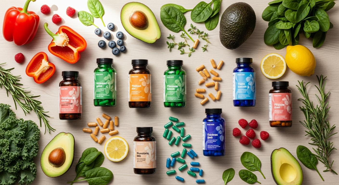 The Plant Party Daily Plant Portion Supplement package displayed with fresh green plants and vegetables background