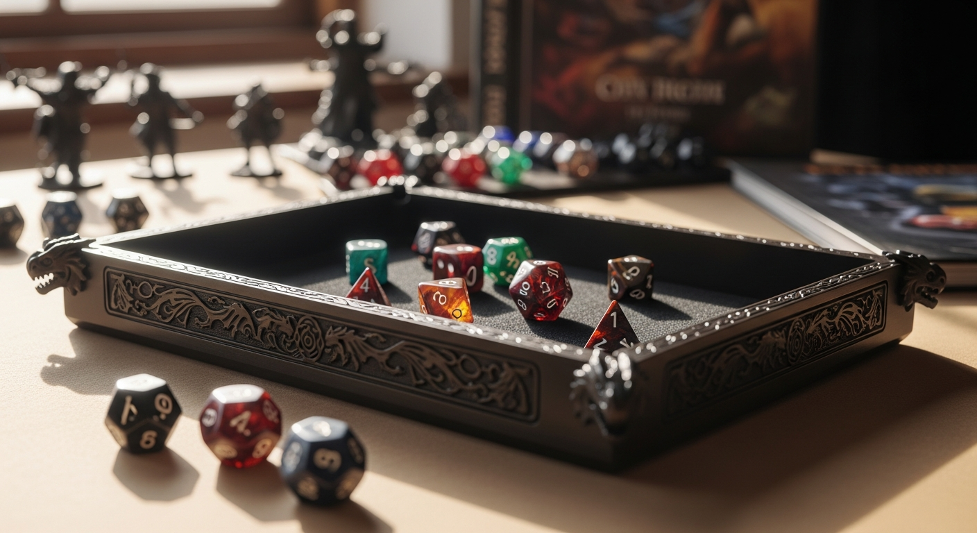 Dragon-themed dice tray with contained rolling surface for tabletop gaming
