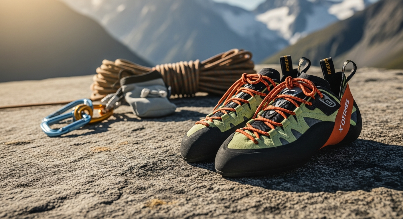 Professional climber testing performance climbing shoes on outdoor rock wall