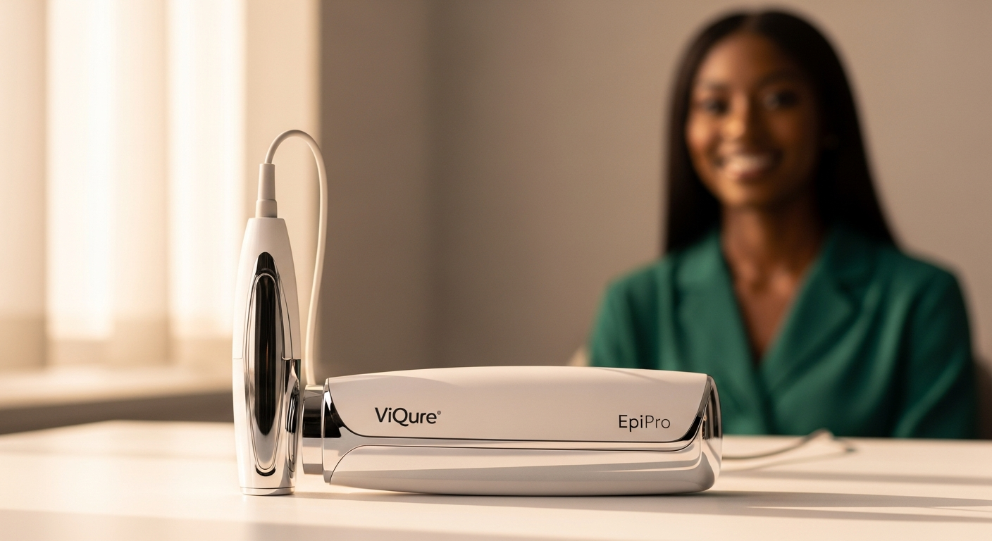 ViQure EpiPro diode laser hair removal device displayed with sapphire cooling technology for dark skin treatment