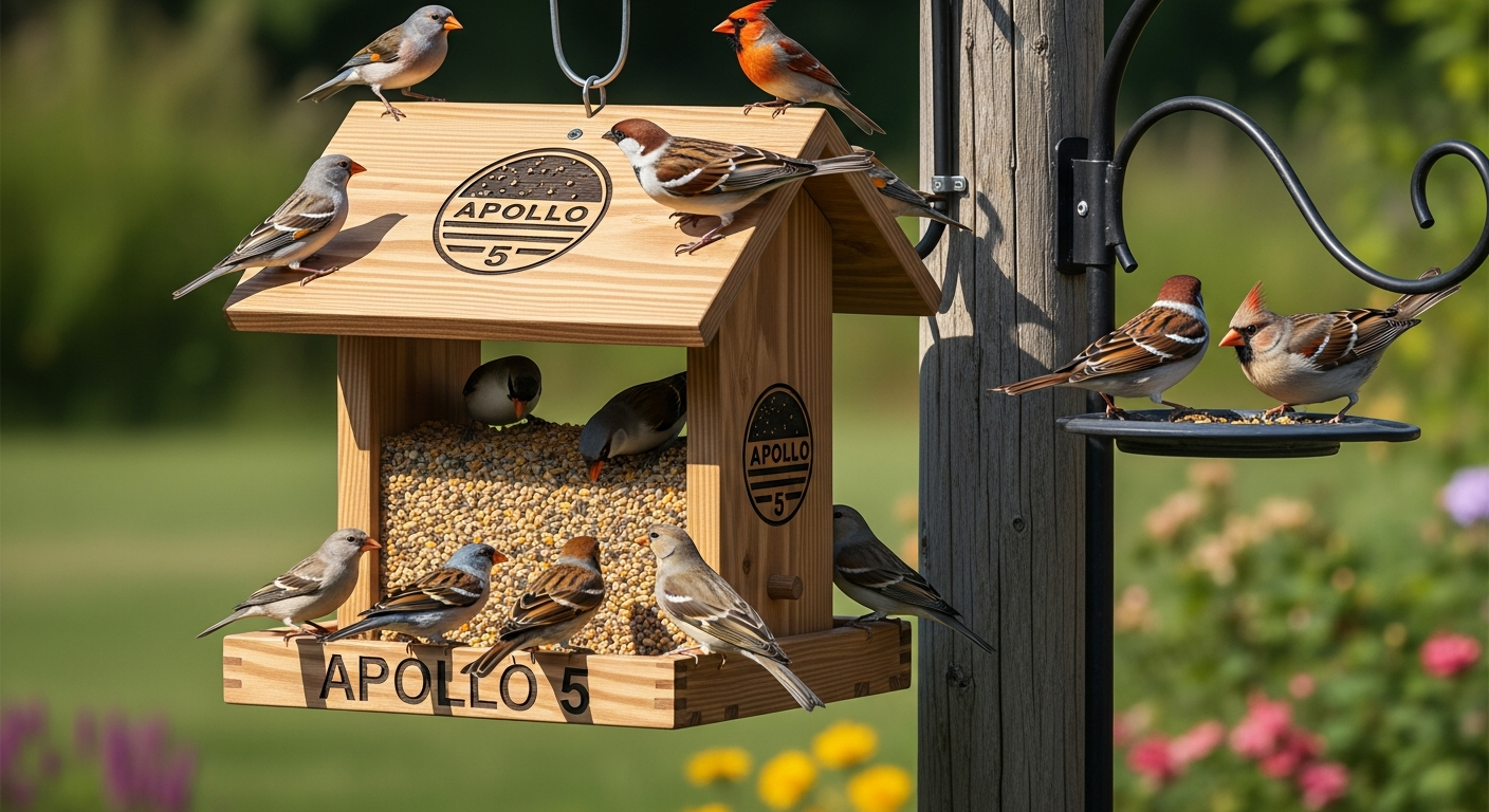 Apollo 5-opening bird seed feeder with silo-style design in garden setting