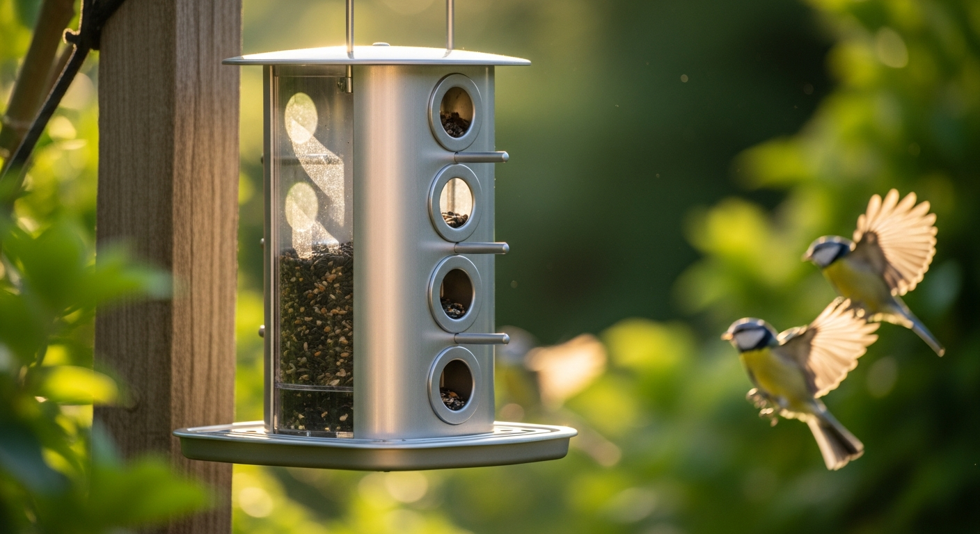 Vivara Apollo 5-Port Seed Feeder with graphite grey finish mounted in garden