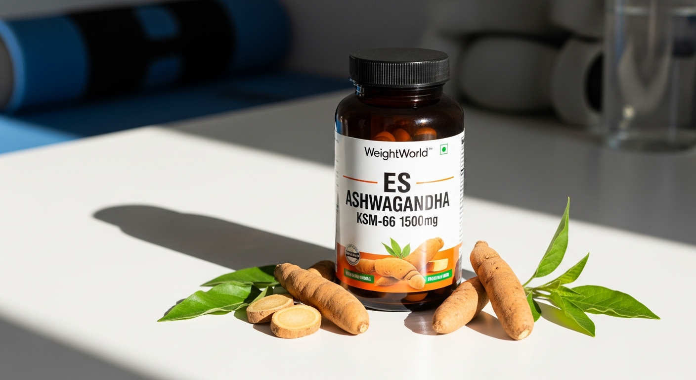 Ashwagandha KSM-66 1500mg tablets in a white bottle with green label on white background