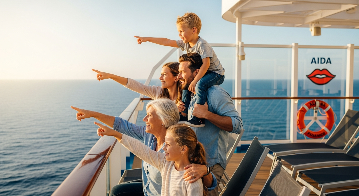 Modern AIDA cruise ship sailing Mediterranean Sea with passengers enjoying deck activities