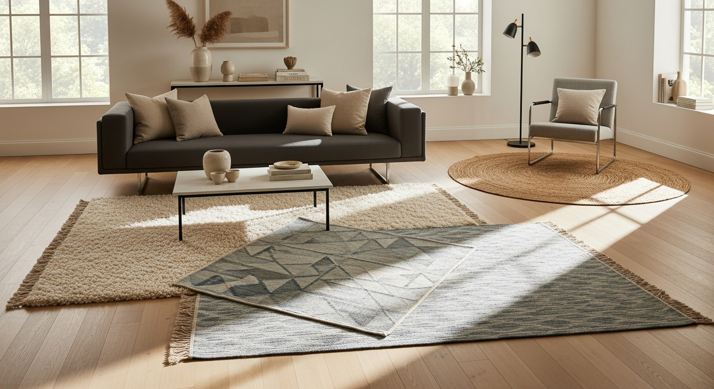 A cozy living room with a beautiful patterned area rug anchoring the furniture arrangement