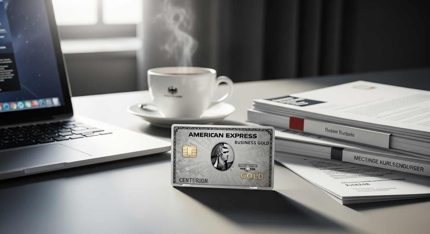American Express Business Gold Card displayed with German flag and business travel accessories